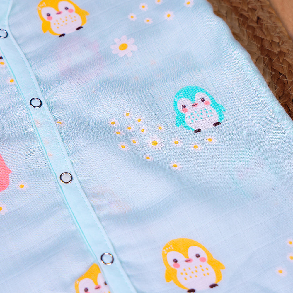 Penguin Party Muslin Night Suit Set – Mint Blue