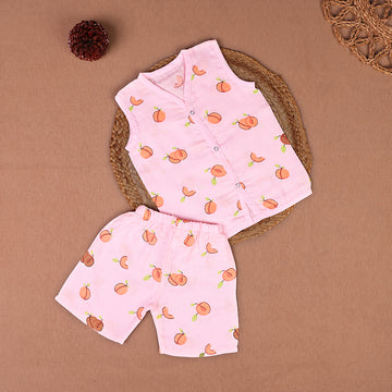 Pink Peach Fruit Print Muslin Sleeveless Coord Set