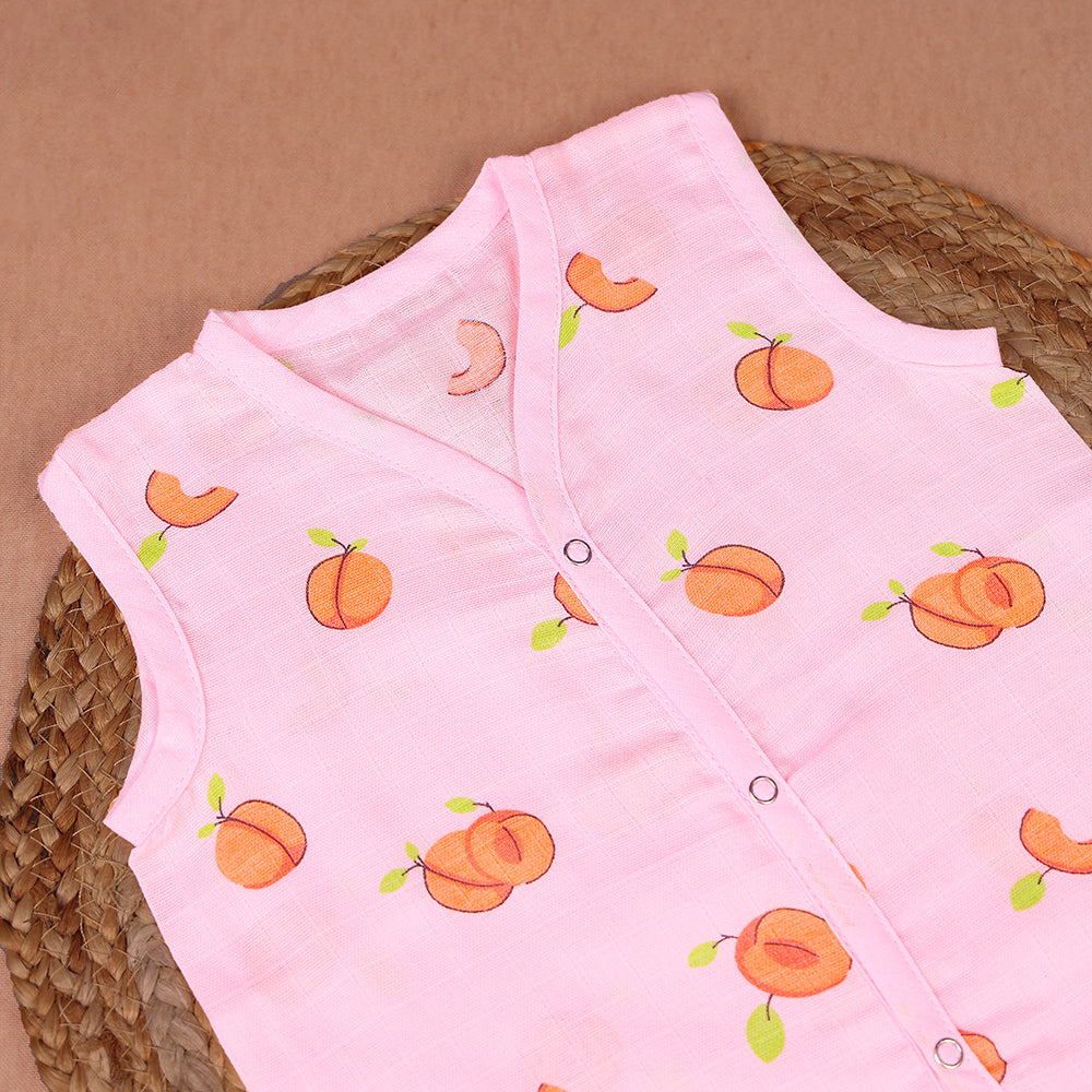 Pink Peach Fruit Print Muslin Sleeveless Coord Set