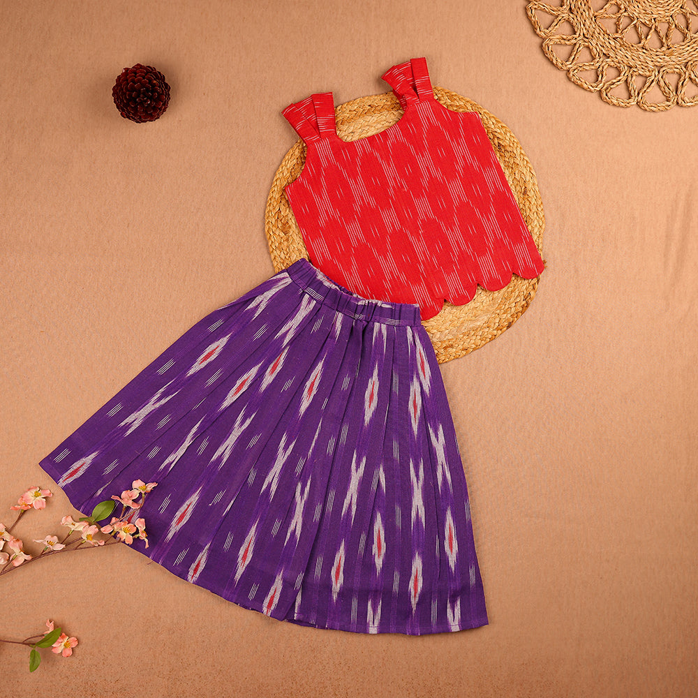 Red Ikkat Top & Purple Ikkat Pleated Skirt Set