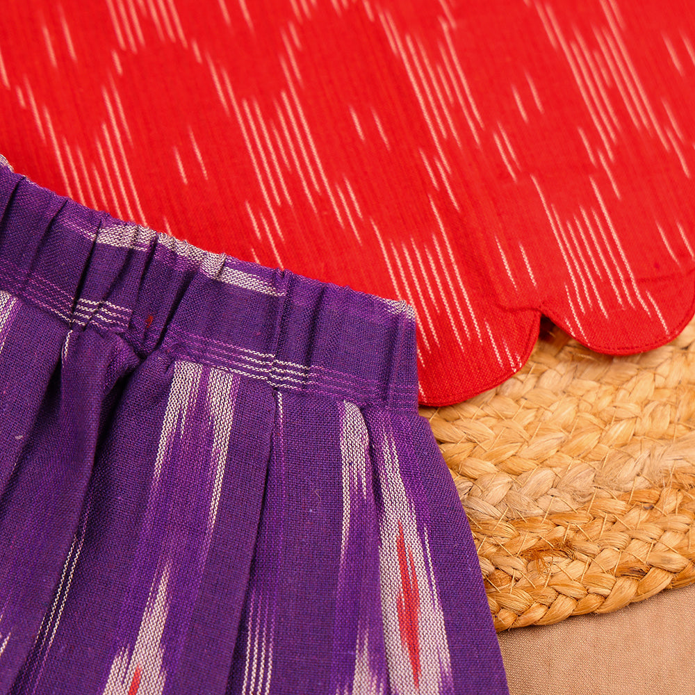 Red Ikkat Top & Purple Ikkat Pleated Skirt Set