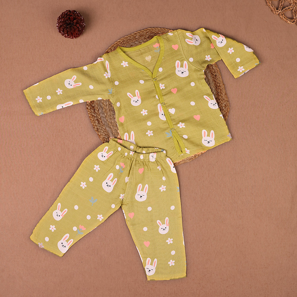 Bunny Love Muslin Night Suit Set – Olive Yellow