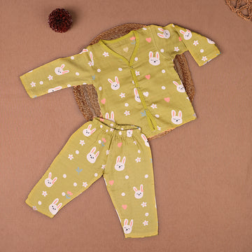 Bunny Love Muslin Night Suit Set – Olive Yellow