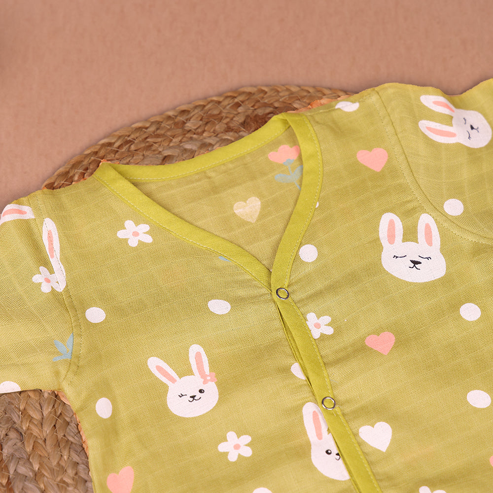 Bunny Love Muslin Night Suit Set – Olive Yellow