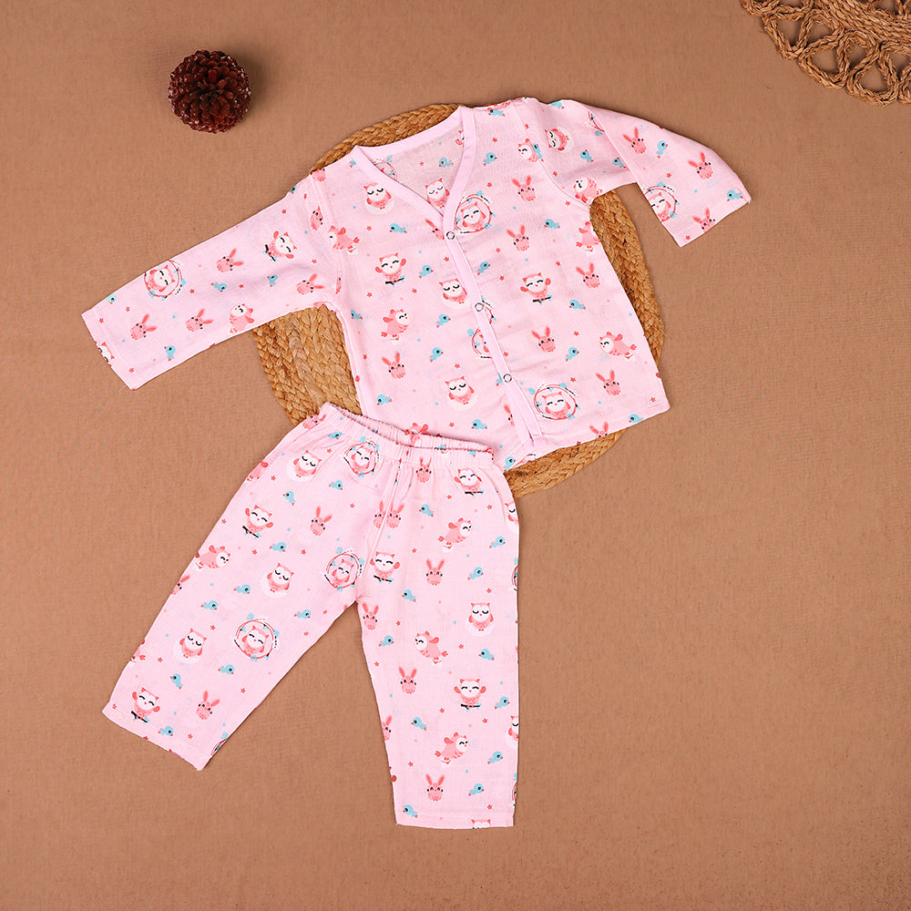Forest Friends Muslin Night Suit Set – Soft Pink