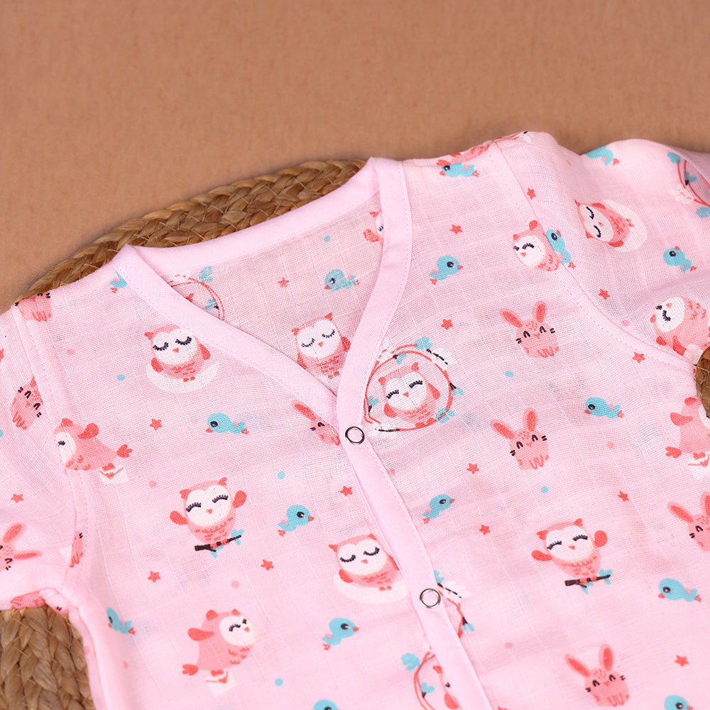 Forest Friends Muslin Night Suit Set – Soft Pink
