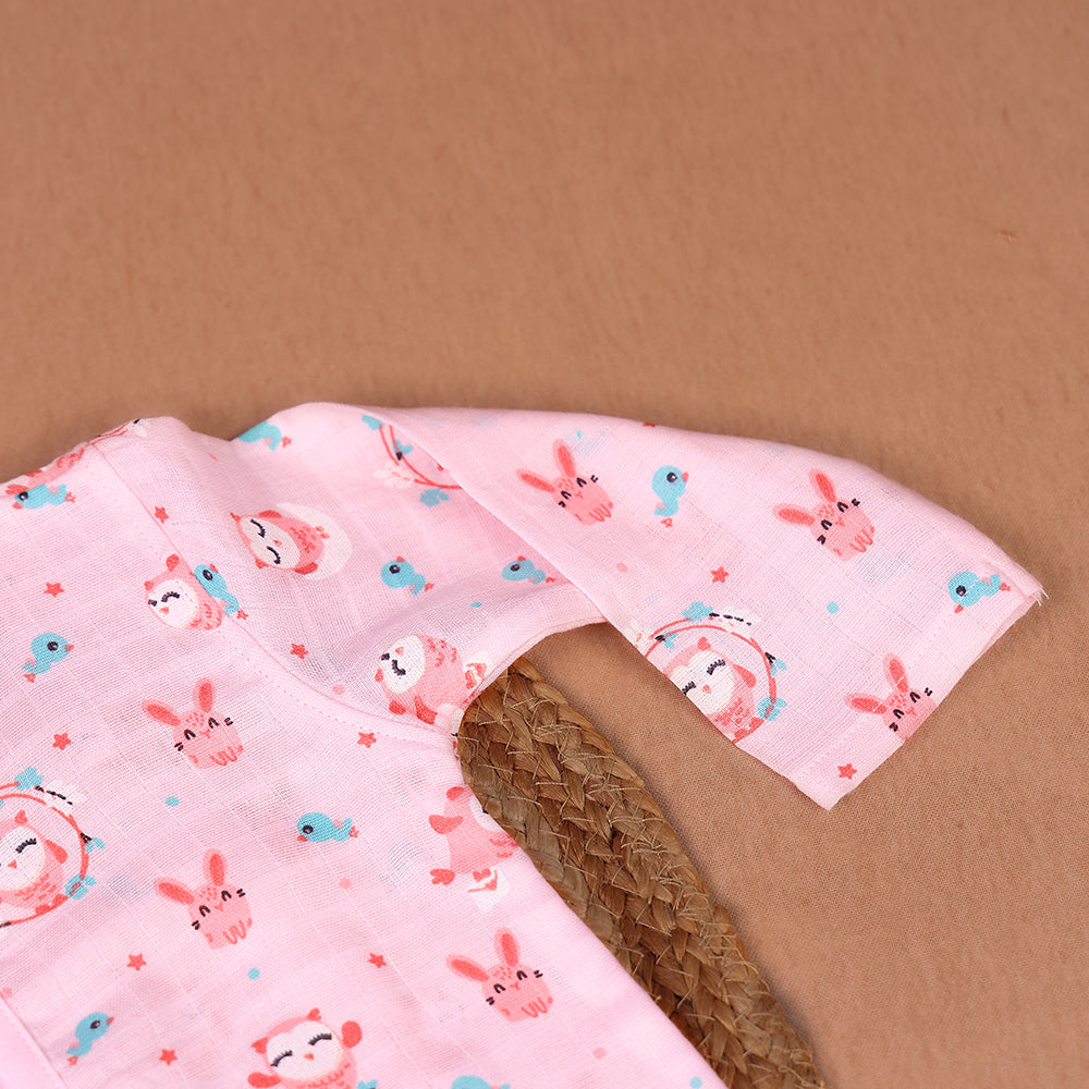 Forest Friends Muslin Night Suit Set – Soft Pink