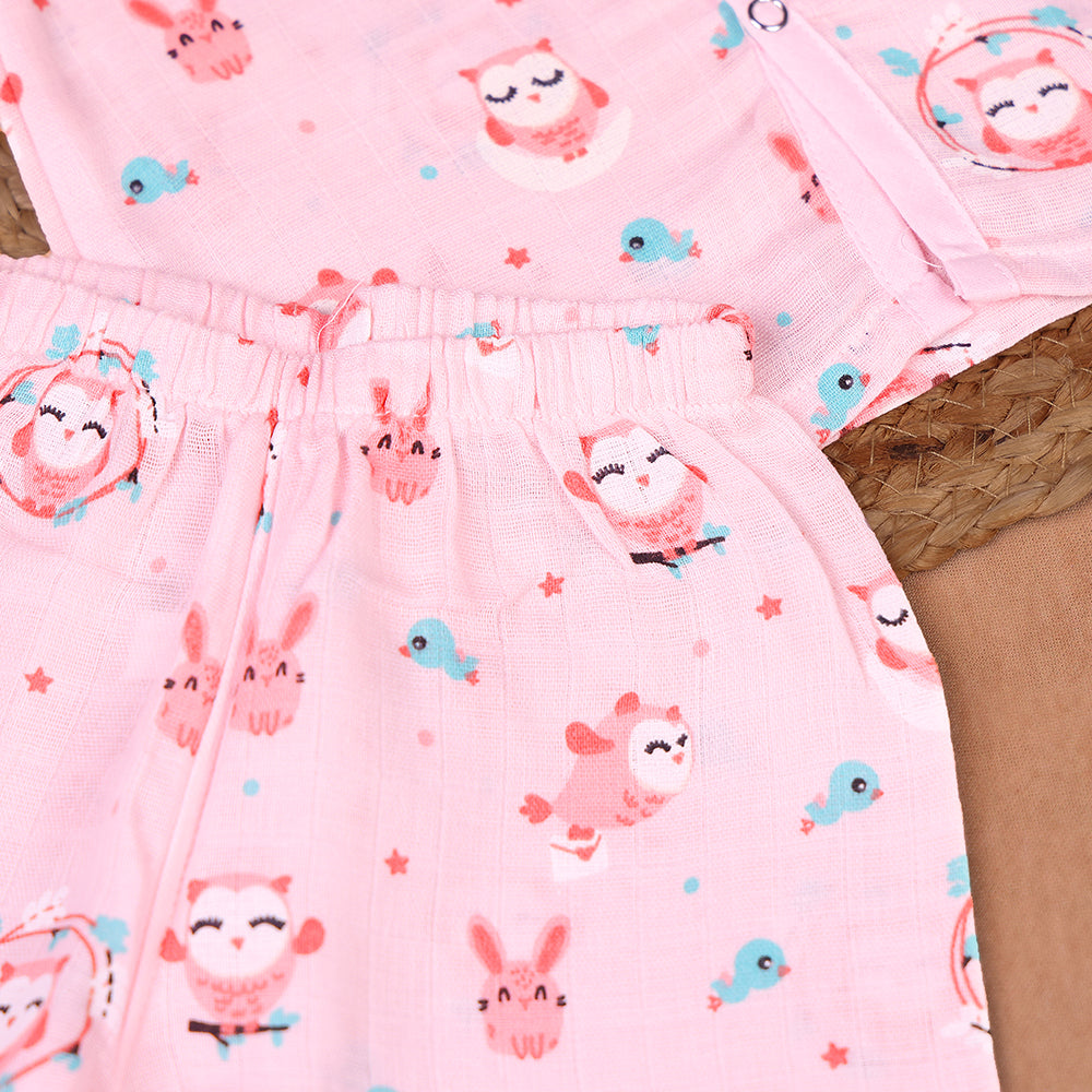 Forest Friends Muslin Night Suit Set – Soft Pink