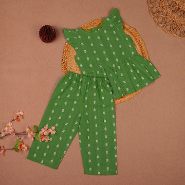 Green Floral Print Cotton Coords Set for Girls