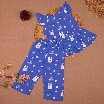 Blue Bunny Print Muslin Coords Set for Girls
