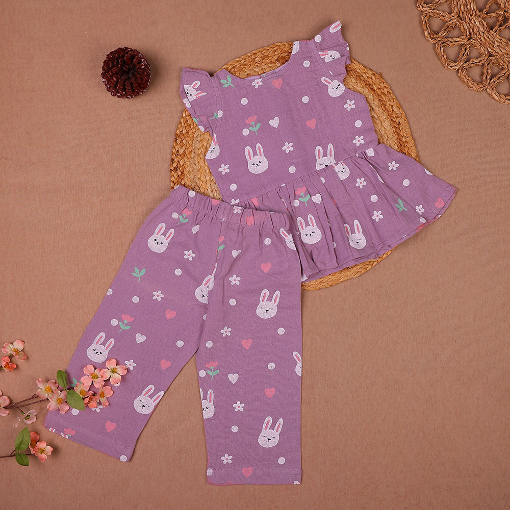 Purple Bunny Print Muslin Coords Set for Girls