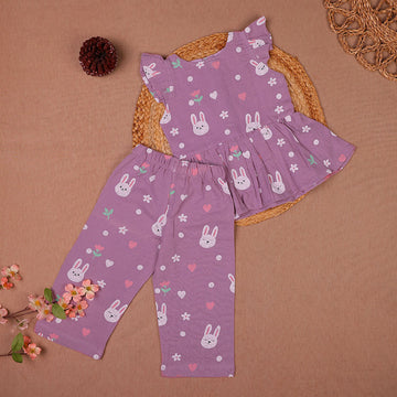 Purple Bunny Print Muslin Coords Set for Girls