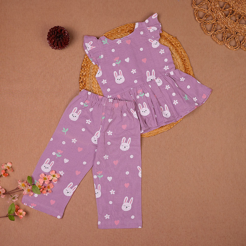Purple Bunny Print Muslin Coords Set for Girls