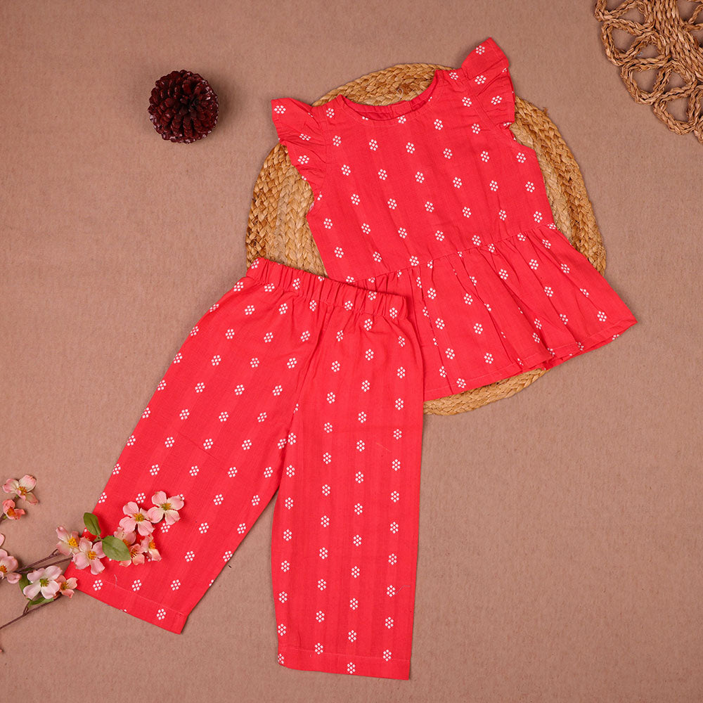 Red Floral Print Cotton Coords Set for Girls