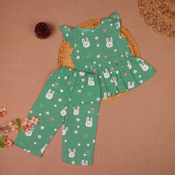 Green Bunny Print Muslin Coords Set for Girls