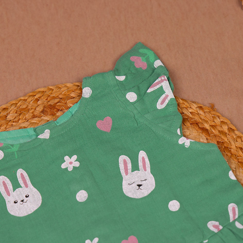 Green Bunny Print Muslin Coords Set for Girls