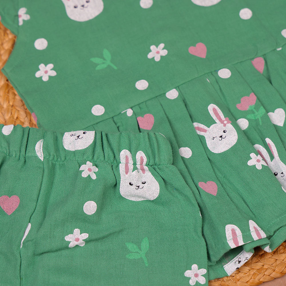 Green Bunny Print Muslin Coords Set for Girls