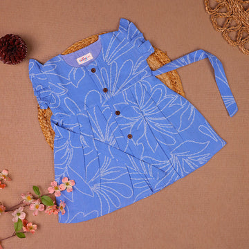 Tropical Leaf Blue Muslin Frock
