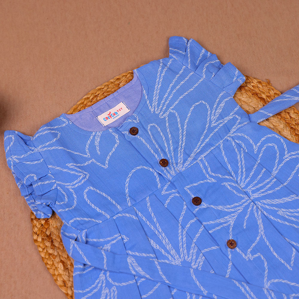 Tropical Leaf Blue Muslin Frock