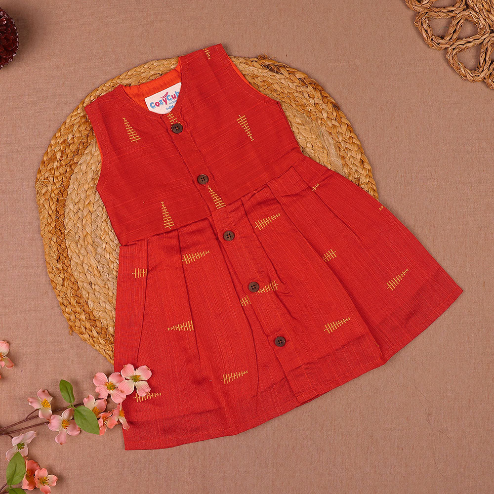 Rusty Orange Gold Embroidered Silk Ethnic Frock for Girls