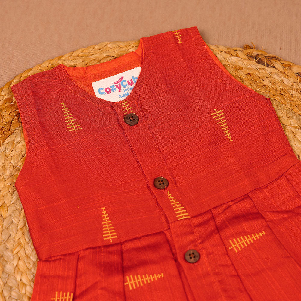 Rusty Orange Gold Embroidered Silk Ethnic Frock for Girls