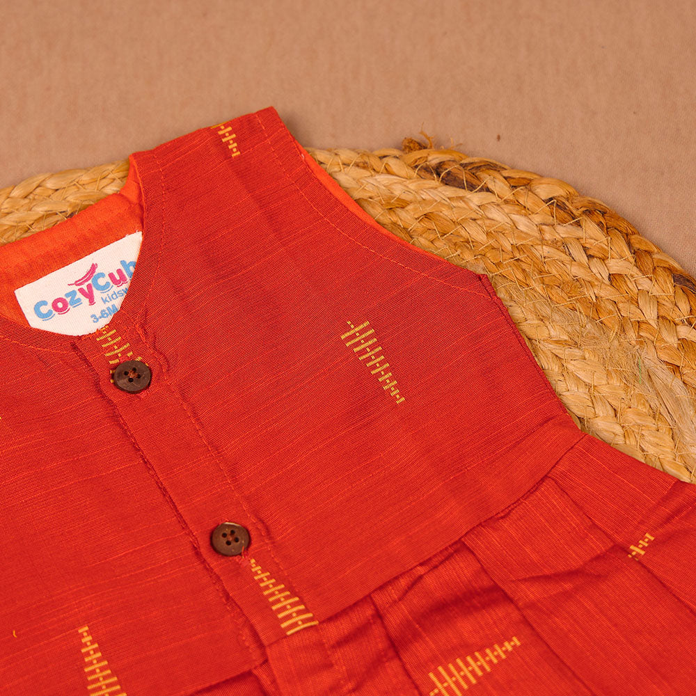 Rusty Orange Gold Embroidered Silk Ethnic Frock for Girls
