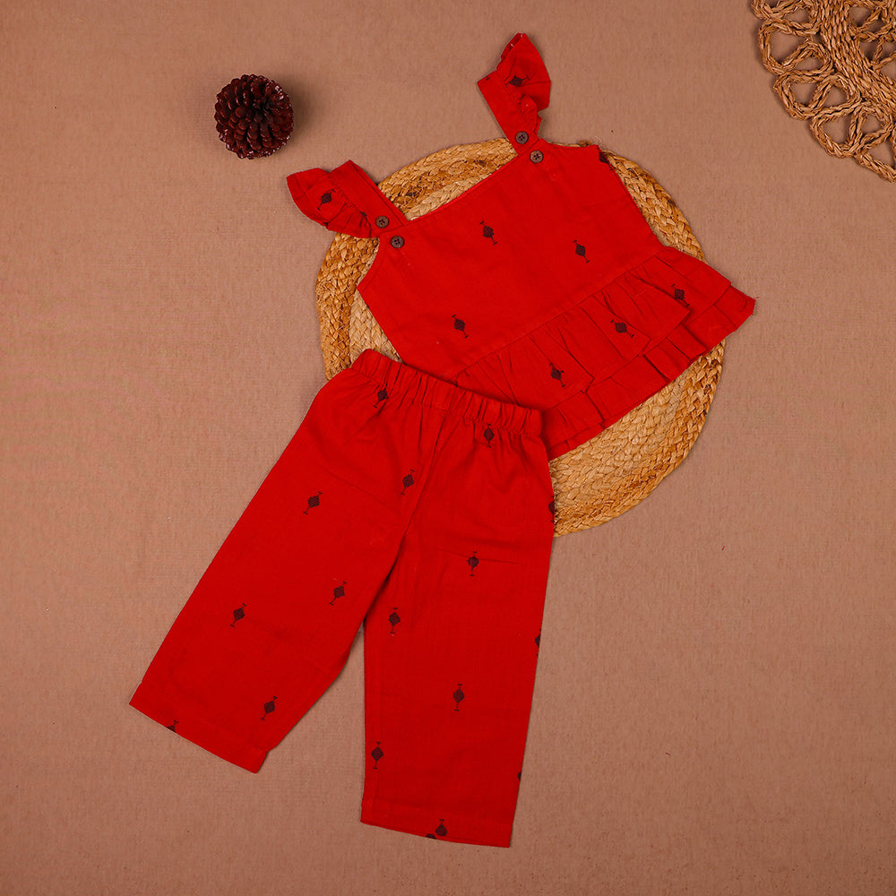 Cherry Red Cotton Ruffle Coord Set