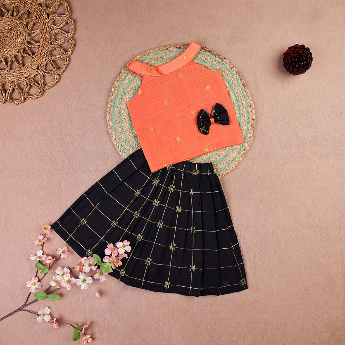 Peach Charm Raw Silk Set with Black Checkered Skirt