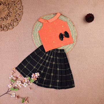 Peach Charm Raw Silk Set with Black Checkered Skirt