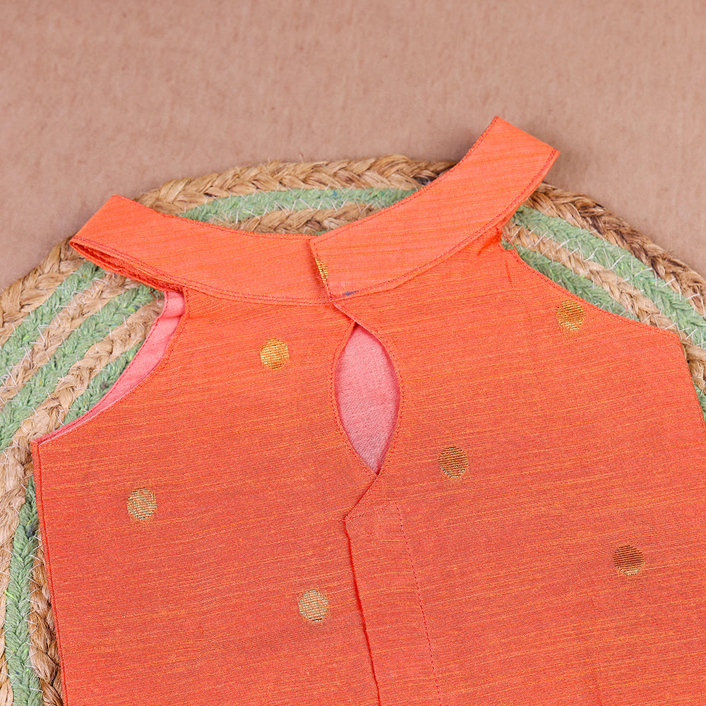 Peach Charm Raw Silk Set with Black Checkered Skirt