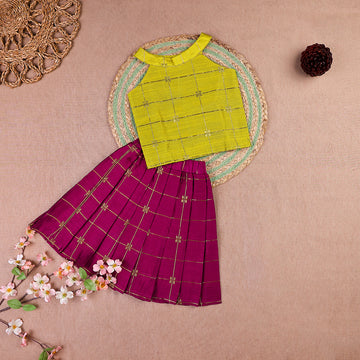 Lime & Magenta Raw Silk Checkered Set
