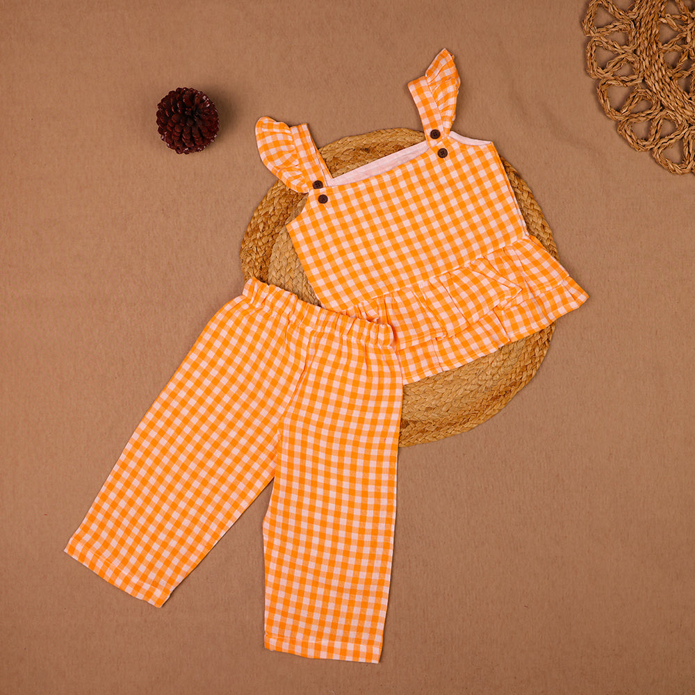 Orange Checks Muslin Ruffle Coord Set