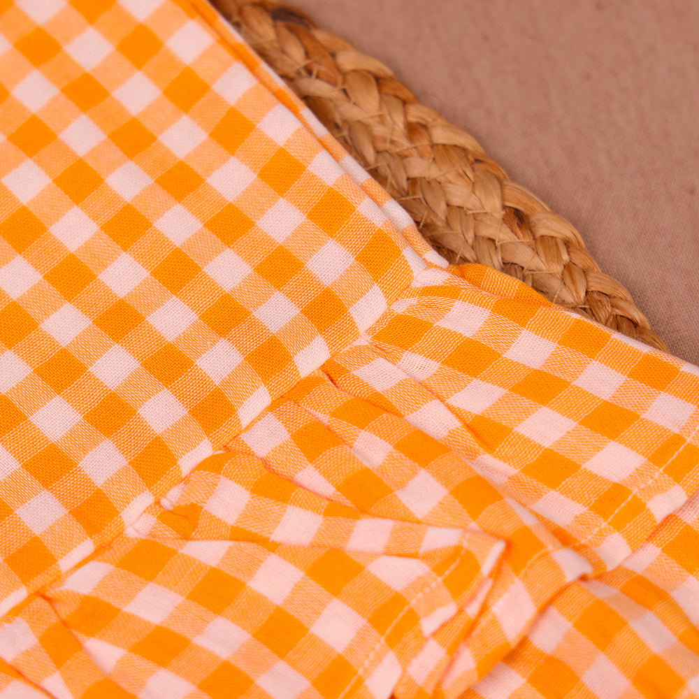 Orange Checks Muslin Ruffle Coord Set