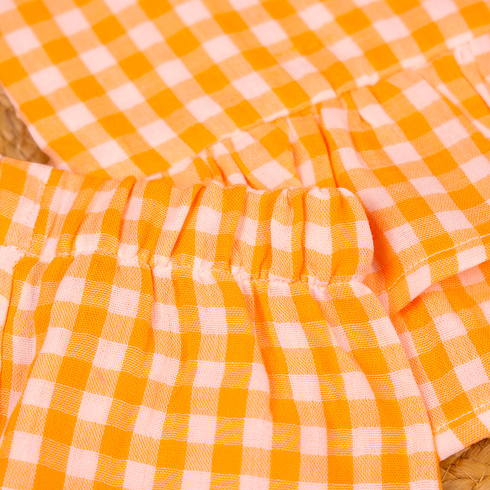 Orange Checks Muslin Ruffle Coord Set