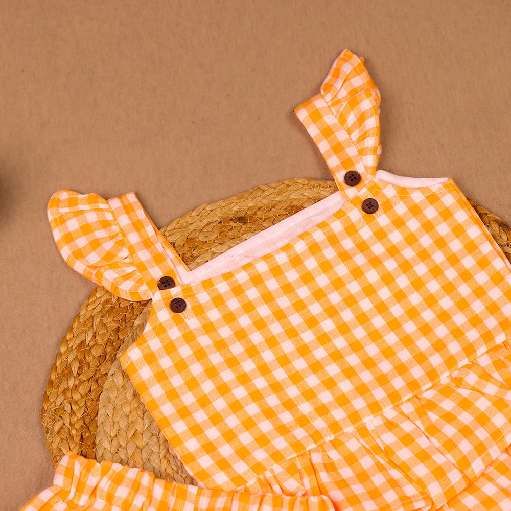 Orange Checks Muslin Ruffle Coord Set