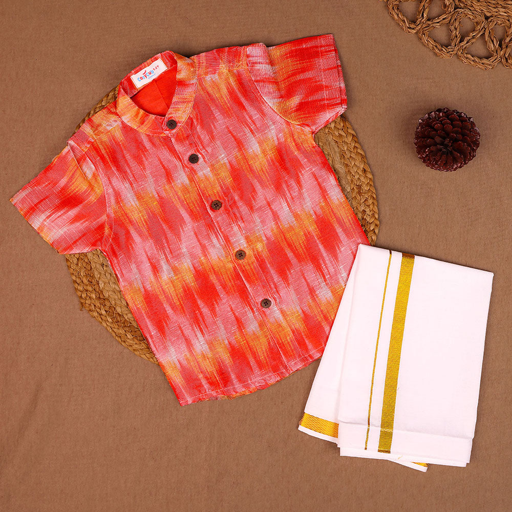 Shimmer Silk Tie-Dye Shirt with Dhoti Set – Red & Orange