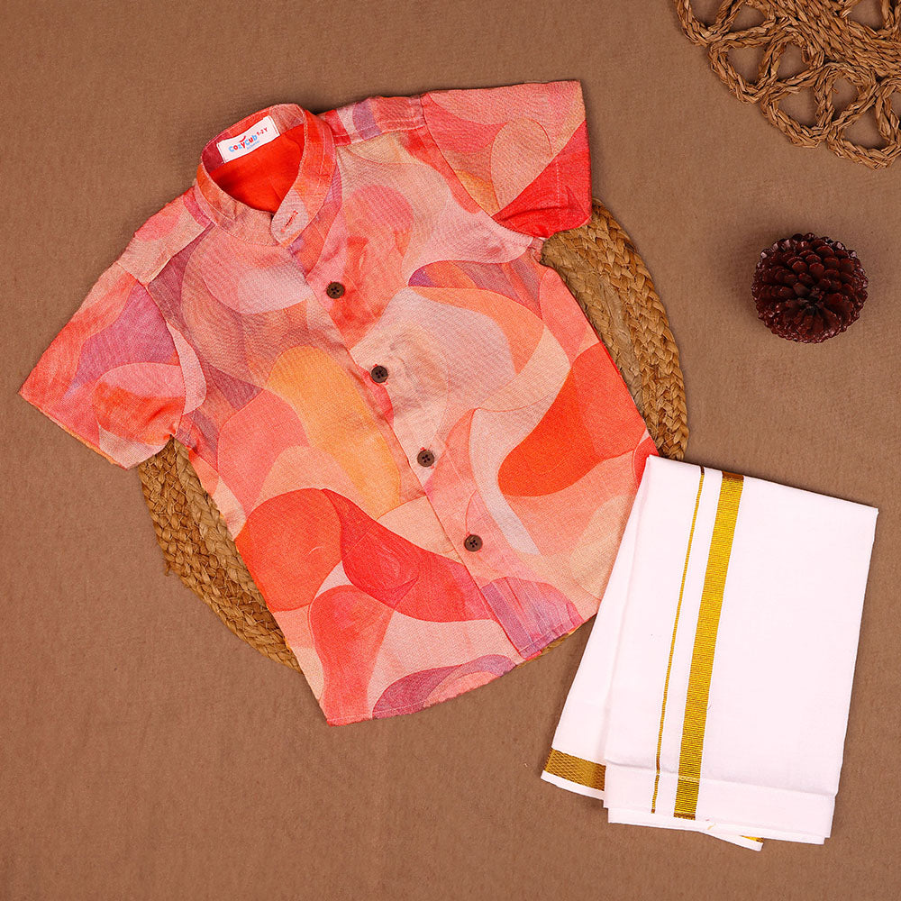 Shimmer Silk Abstract Print Shirt & Dhoti Set – Coral & Orange