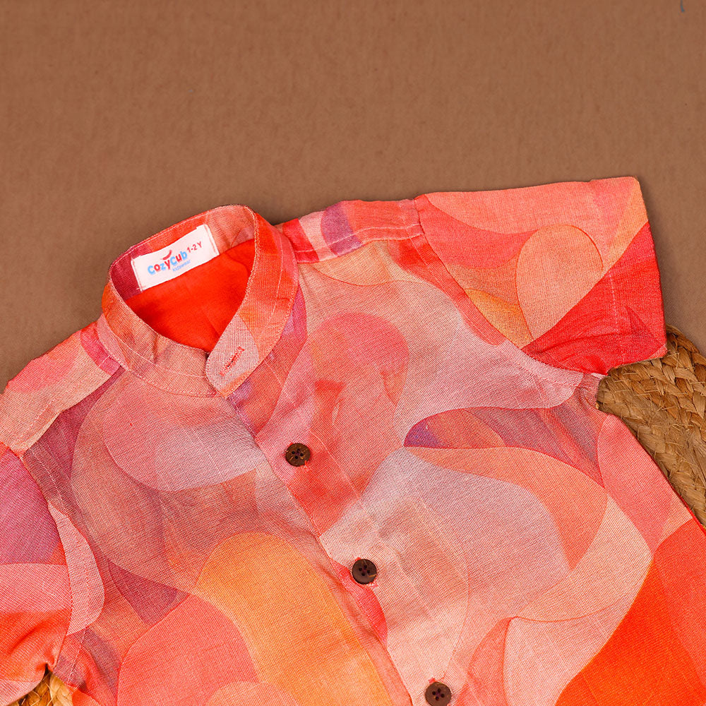 Shimmer Silk Abstract Print Shirt & Dhoti Set – Coral & Orange