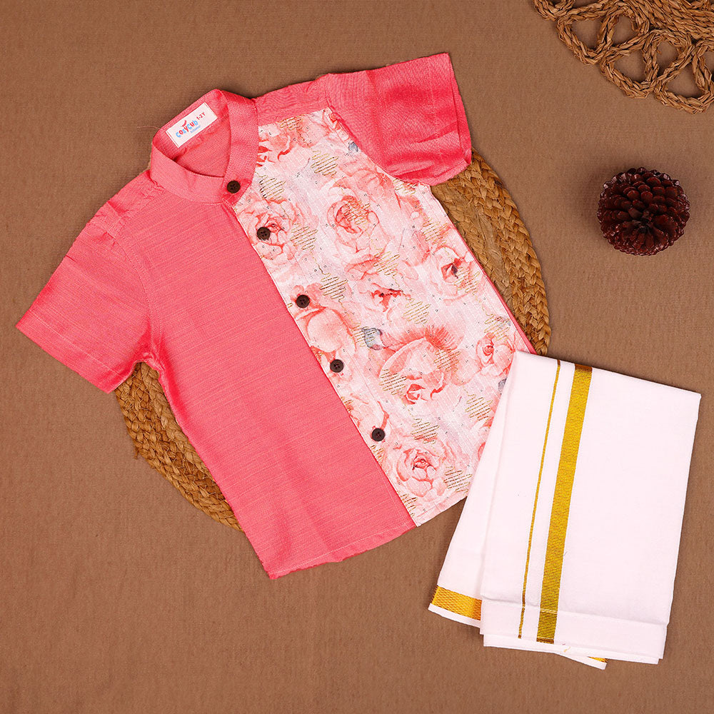 Coral Pink & Floral - Panel Shirt & Dhoti Set