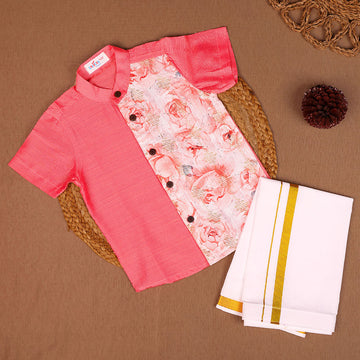 Coral Pink & Floral - Panel Shirt & Dhoti Set