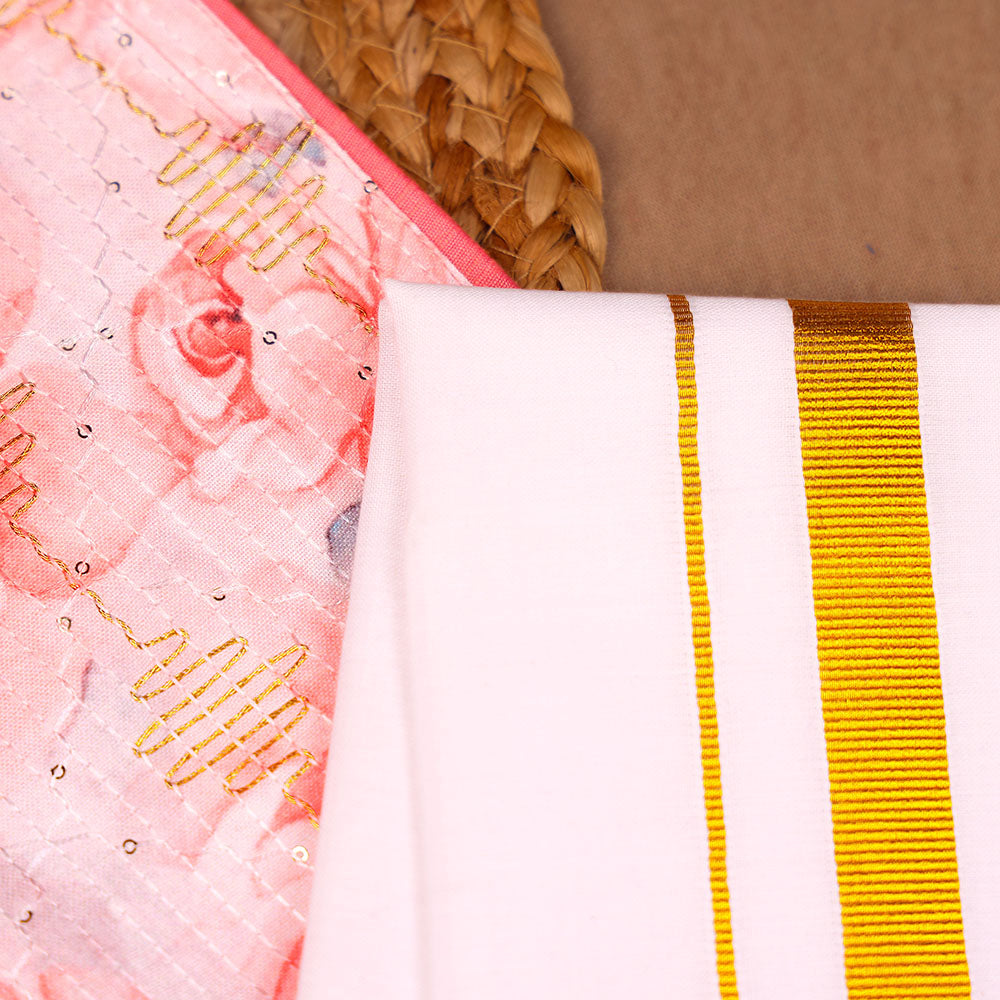 Coral Pink & Floral - Panel Shirt & Dhoti Set
