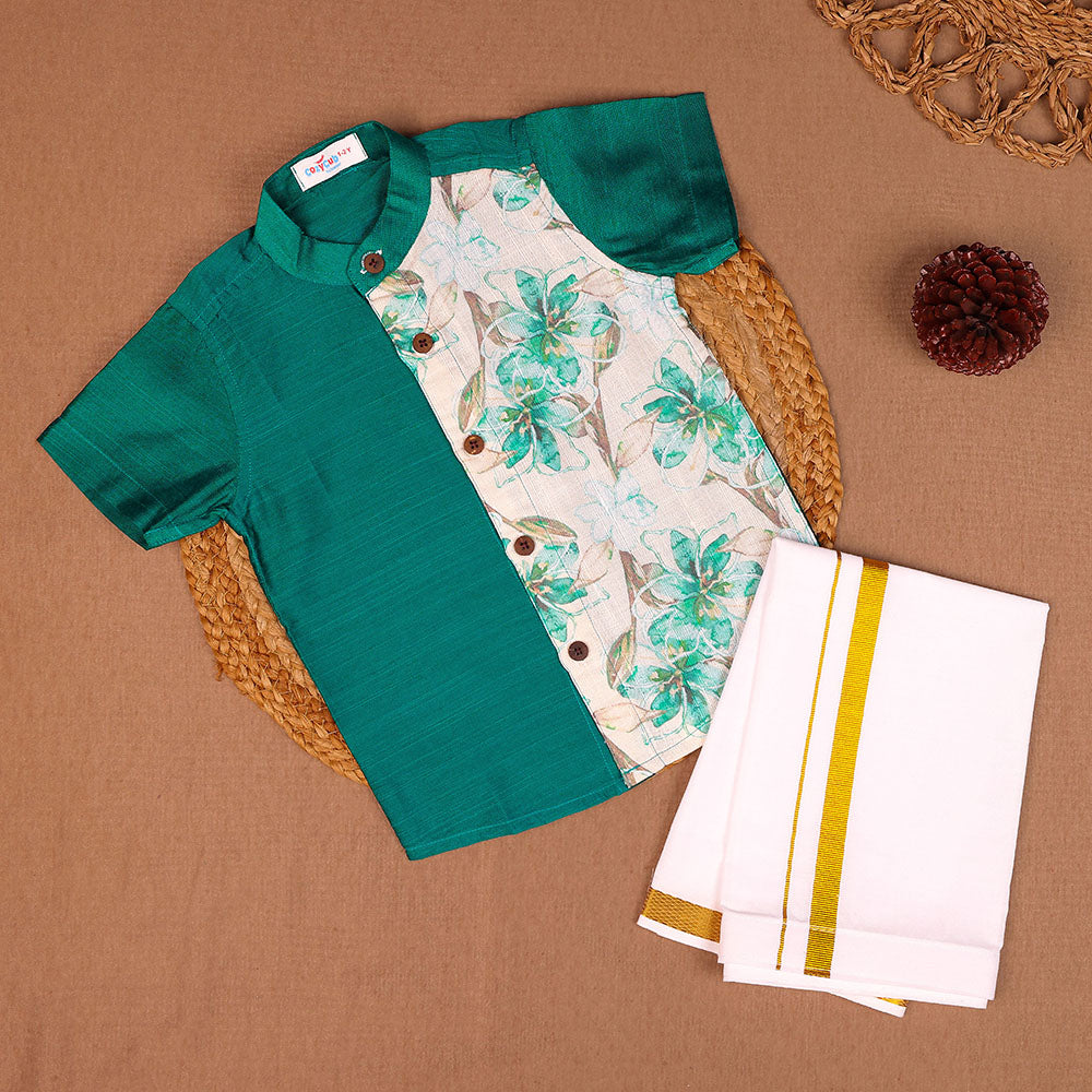 Teal Green & Floral - Panel Shirt & Dhoti Set