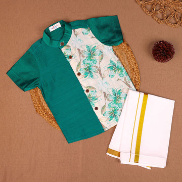 Teal Green & Floral - Panel Shirt & Dhoti Set