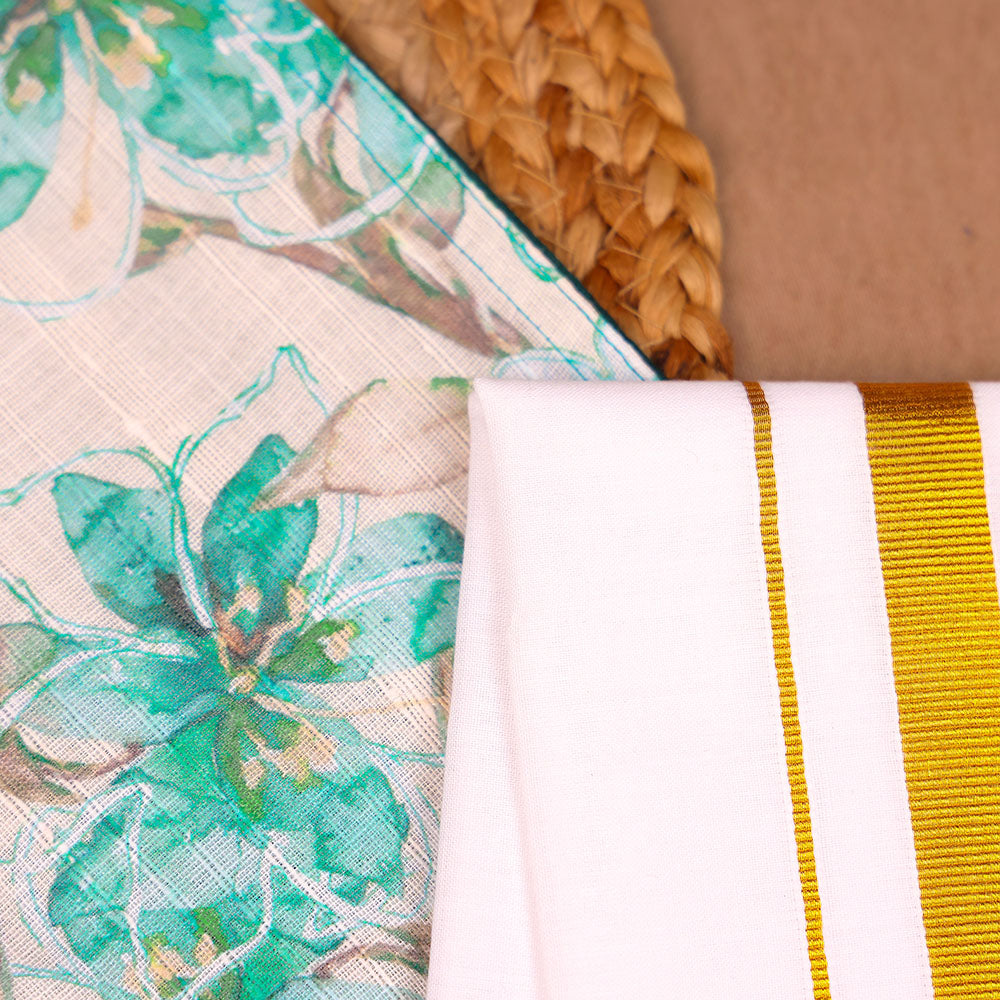 Teal Green & Floral - Panel Shirt & Dhoti Set