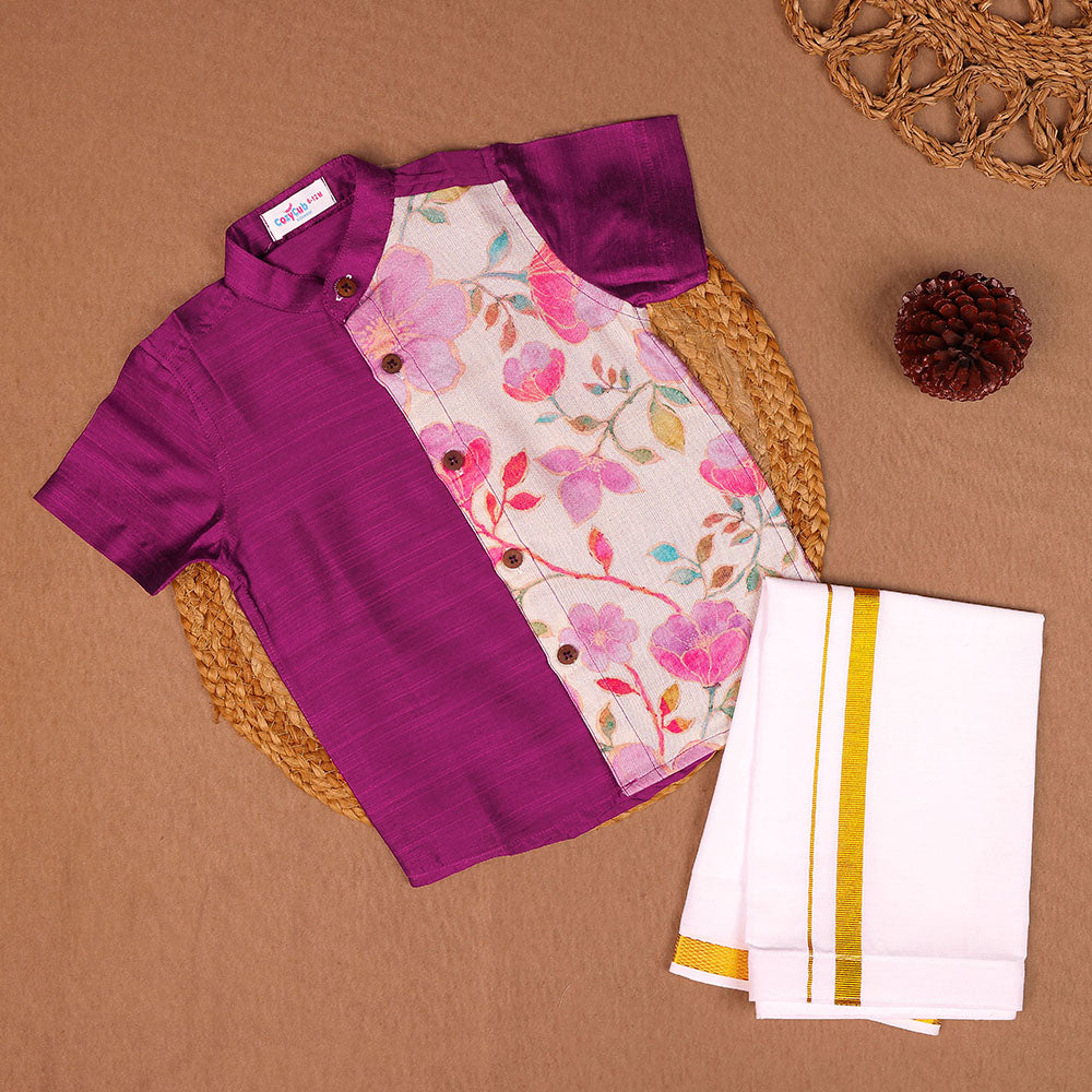 Royal Purple & Floral - Panel  Shirt & Dhoti Set