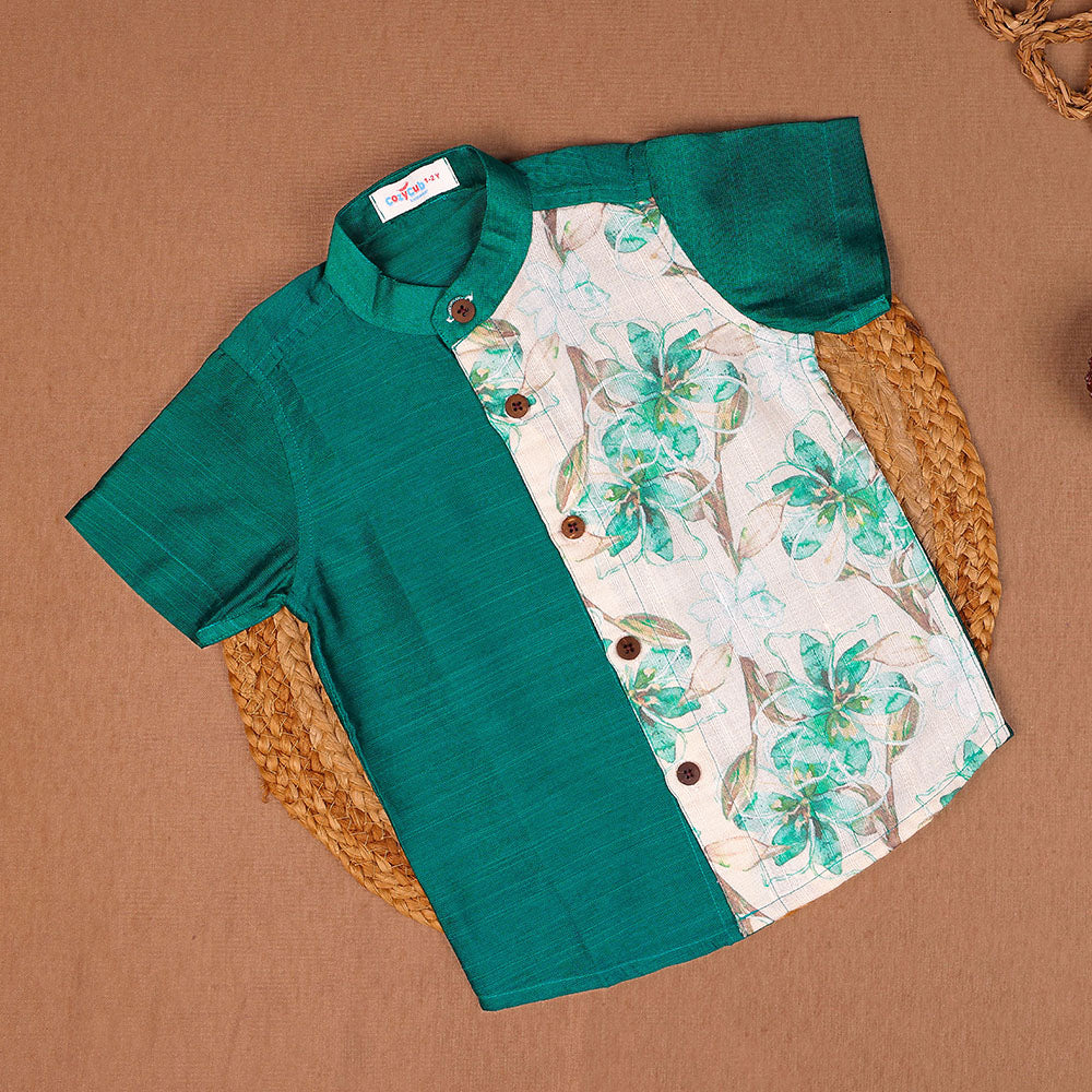 Teal Green & Floral - Panel Shirt & Dhoti Set