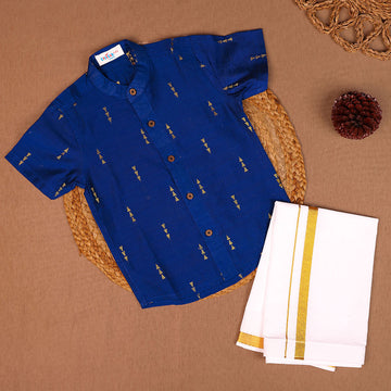 Royal Blue Ethnic Raw Silk Shirt with Dhoti Set – Boys