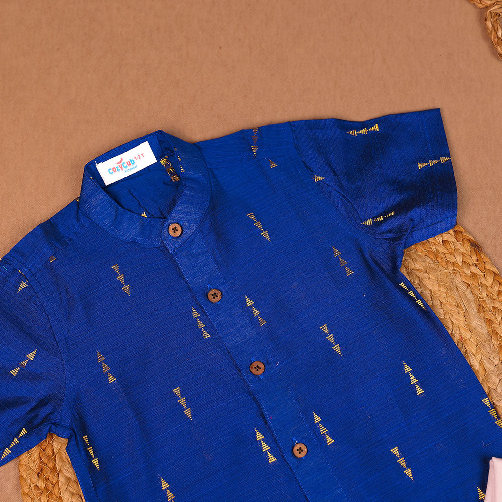 Royal Blue Ethnic Raw Silk Shirt with Dhoti Set – Boys