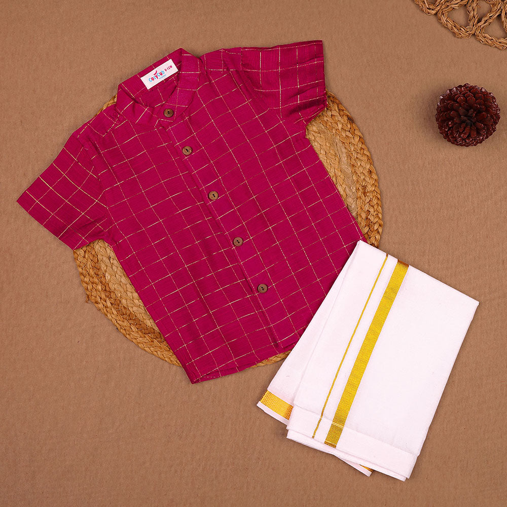 Deep Magenta - Ethnic Raw Silk Zari Check Shirt & Dhoti Set