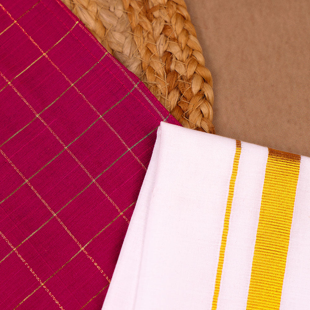 Deep Magenta - Ethnic Raw Silk Zari Check Shirt & Dhoti Set